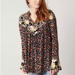 Free People Wildflower Fields Henley Top Floral Tunic Long Sleeve Boho